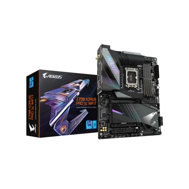 Материнская плата GIGABYTE Z790 A PRO X WIFI7, Z790 s1700, 4xDDR5(256GB), HDMI 2.1, 1xPCIe 5.0x16, 1xPCIe 4.0x16, 1xPCIe 3.0x16, 1xLAN (5GbE), Wi-Fi 7, BT 5.3, 4xSATA 6Gb/s, 5xM.2, 1xUSB-C, 6xUSB 3.2, 2xUSB 2.0, ATX